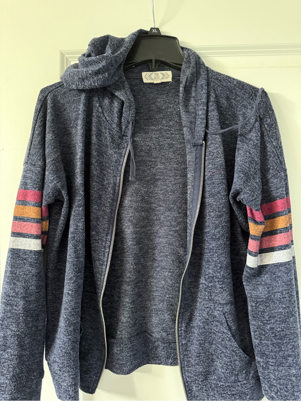 Pink Rose Navy Zip-Up Bomber Jacket with Multicolor Sleeve Stripes